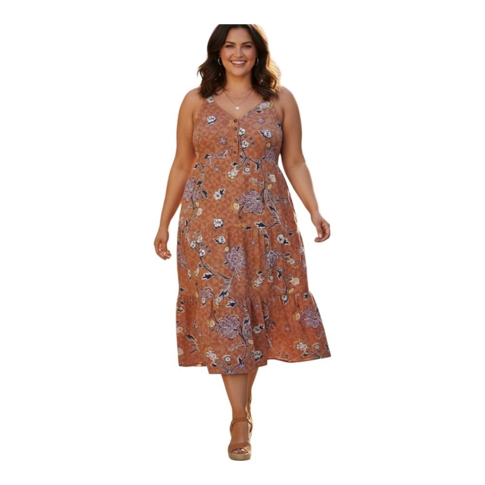 Sonoma Linen Sundress Tiered Maxi Dress XXL Smocked Back Brown Floral 2XL Comfy